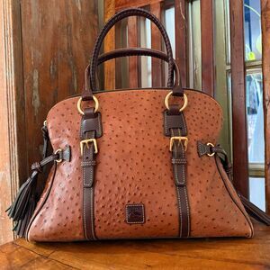 Dooney & Bourke Ostrich Embossed Satchel – Brown Domed Buckle Top Handle Bag